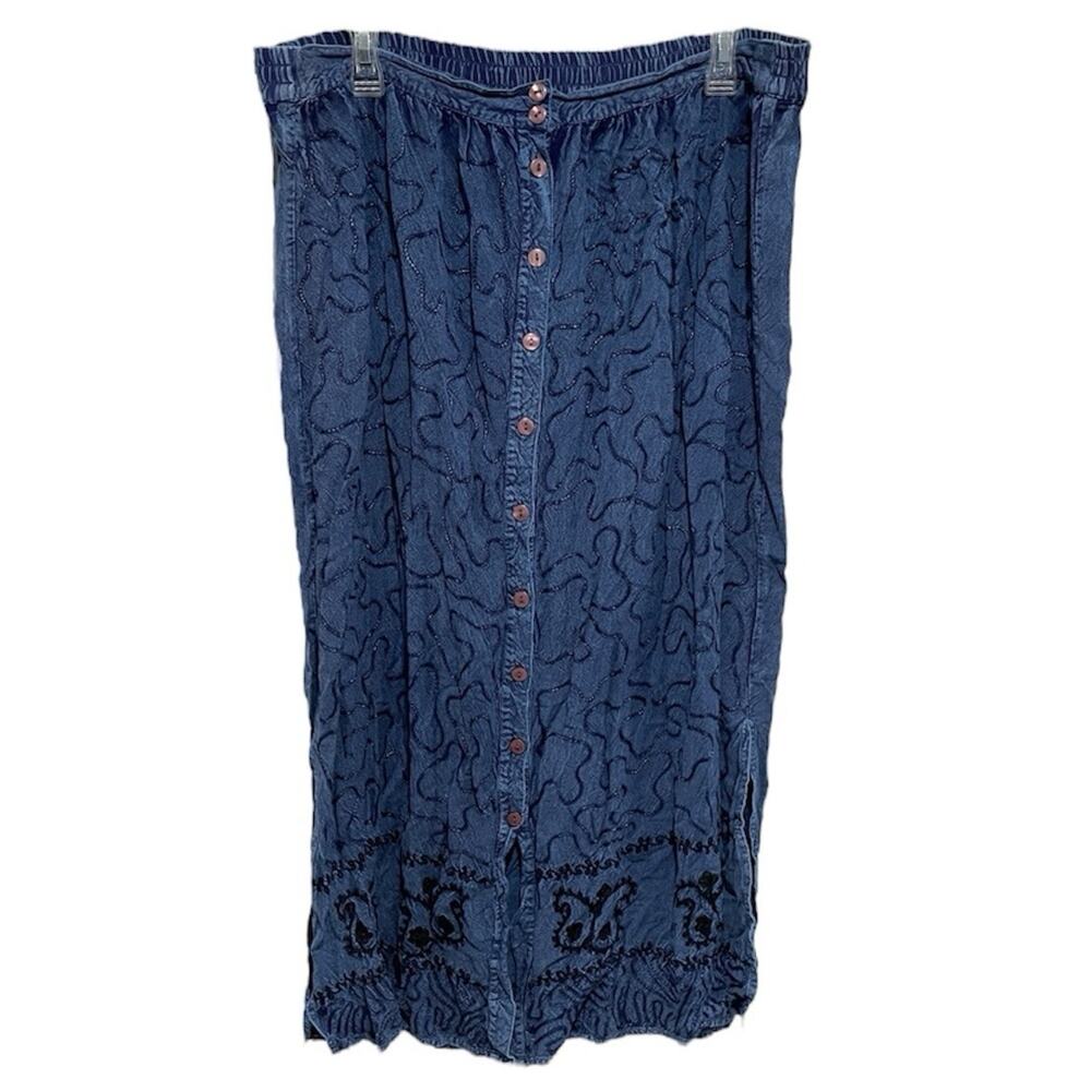 Retro MPH Collection Embroidered Midi Skirt Size Large Blue Button Front Slit